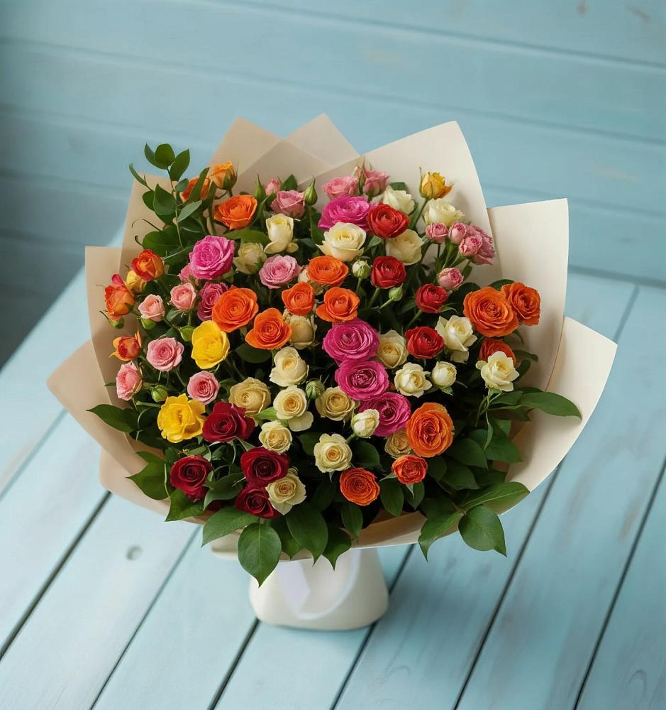 Букет Микс из разноцветных кустовых роз в Нечаевке